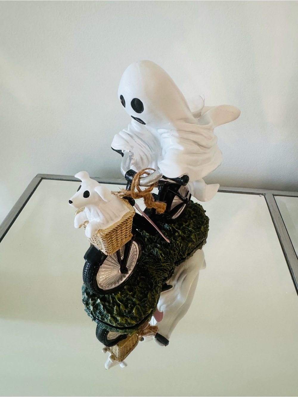 Whimsical Halloween Ghost Riding Bike with Dog in Basket - White & Black NWT